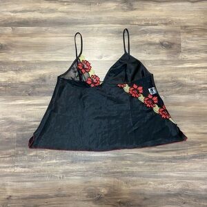 Black Slip Camisole with Red Floral Accents